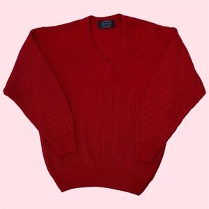 Vintage 80s Jantzen V Neck Fisherman’s Rib Woven Stitch Knit Sweater Red Small